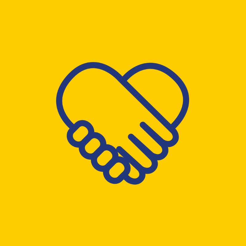Pictogramme mains entrelacées en forme de coeur bleues sur fond jaune