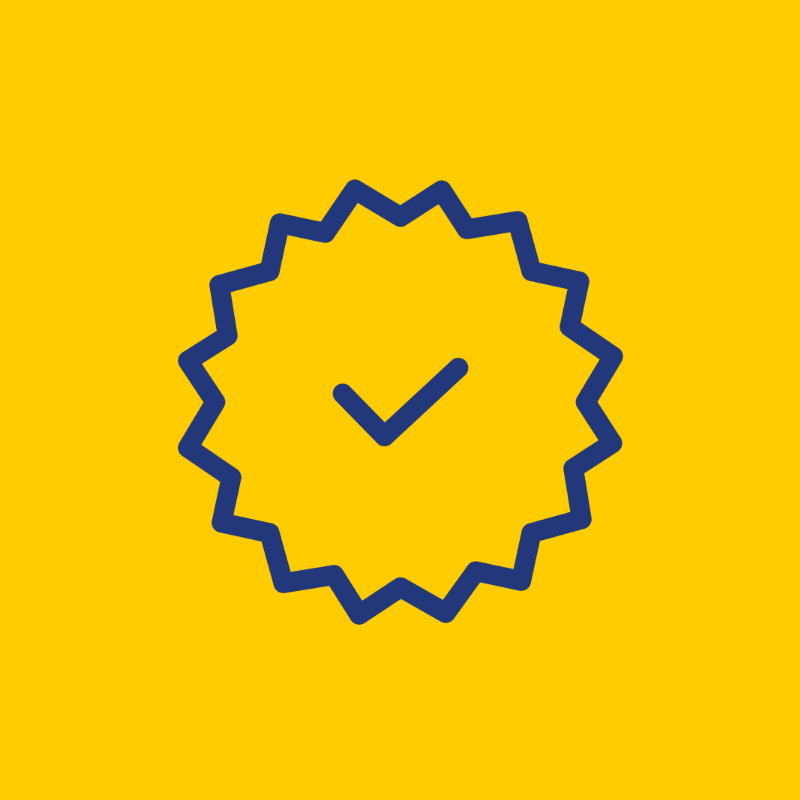 Pictogramme qualité label bleu sur fond jaune